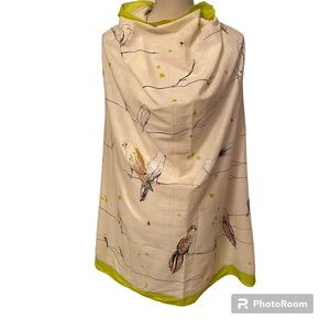 2 CHIC SCARF BIRDS ON BRANCHES CREAM GREEN BLACK WHITE LARGE SQUARE COTTON WRAP